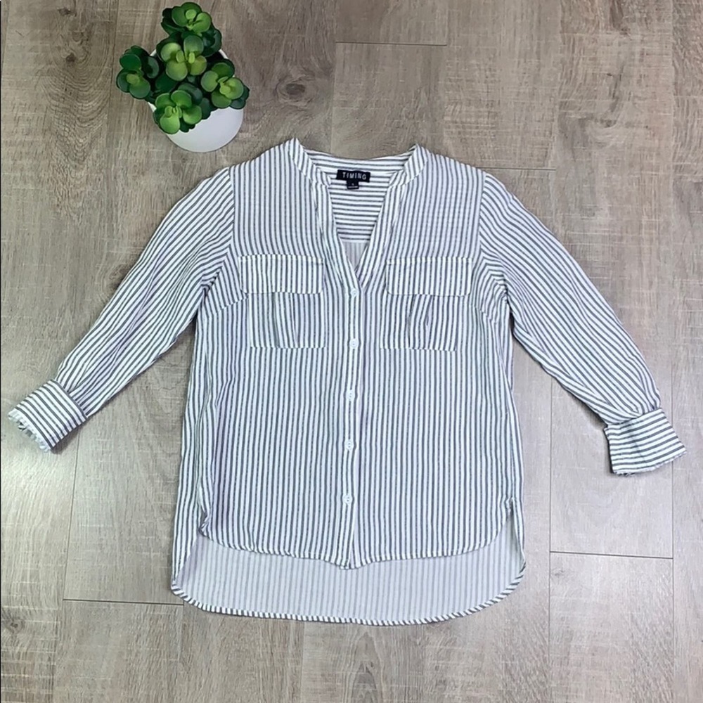 Timing Navy White Striped Button Up Collarless Shirt Women's Size Small